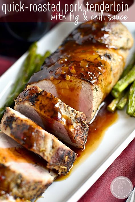 Quick Roasted Pork Tenderloin with Fig and Chili Sauce is a delicious 30 minute meal with bold, mouthwatering flavors. #glutenfree #dairyfree Asparagus Side Dish, Roasted Pork Tenderloin, Roasted Pork Tenderloins, Iowa Girl Eats, Roasted Pork, Easy Pork, Fig Jam, Stuffed Pork Tenderloin, Pork Dishes