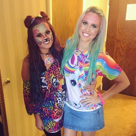 Lisa frank costumes for 90s bar crawl Shirt Lisa Frank Neck piece from a dollar tree coloring book Can hair spray for colorful hair Lisa Frank Costume Halloween, Lisa Frank Halloween Costume, Lisa Frank Outfit Ideas, Lisa Frank Outfit, Lisa Frank Costume, Lisa Frank Clothing, Bar Crawl Outfit, Lisa Frank Halloween, 90s Bar