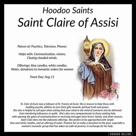 Saint Claire of Assisi Hoodoo Saints, St Claire Of Assisi, Hoodoo Delish, Hoodoo Conjure Rootwork, Saint Claire, Hoodoo Rootwork, Hoodoo Magic, Hoodoo Conjure, Hoodoo Spells