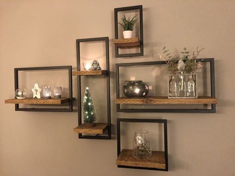 Wood Box Wall Decor, Rustic Wall Shelving, Modern Farmhouse Wall Shelves, Square Shelves On Wall, Decorating Wall Shelves, Big Empty Wall Ideas Living Room, House Interior Decor Ideas, Wall Shelves Design, Wall Decor Design