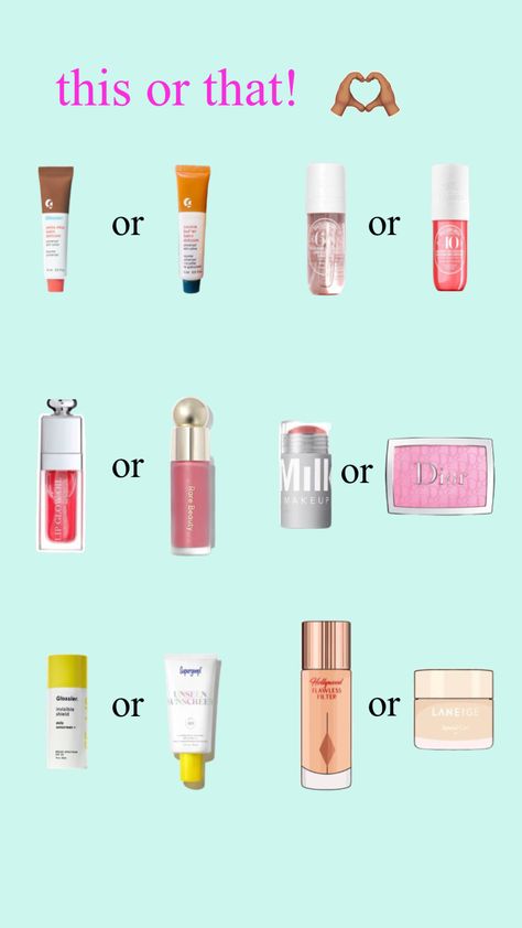 this or that!! #beauty #inspo #skincare #makeup #fyp #feed This Or That Makeup Edition, Preppy This Or That, This Or That Skincare Edition, This Or That Skincare, This Or That Preppy Edition, Makeup Advice, Makeup Bag Essentials, Makeup Beginners, Best Lip Balm