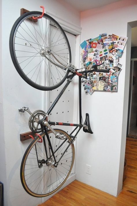 Brilliant Bike Storage — Renters Solutions from Our Archives | Apartment Therapy Bike Storage Balcony, Bike Storage Small Space, Bike Storage Design, Hanging Bike Rack, Bike Storage Apartment, Rack Velo, Bicycle Storage Rack, Vertical Bike Storage, Indoor Bike Storage