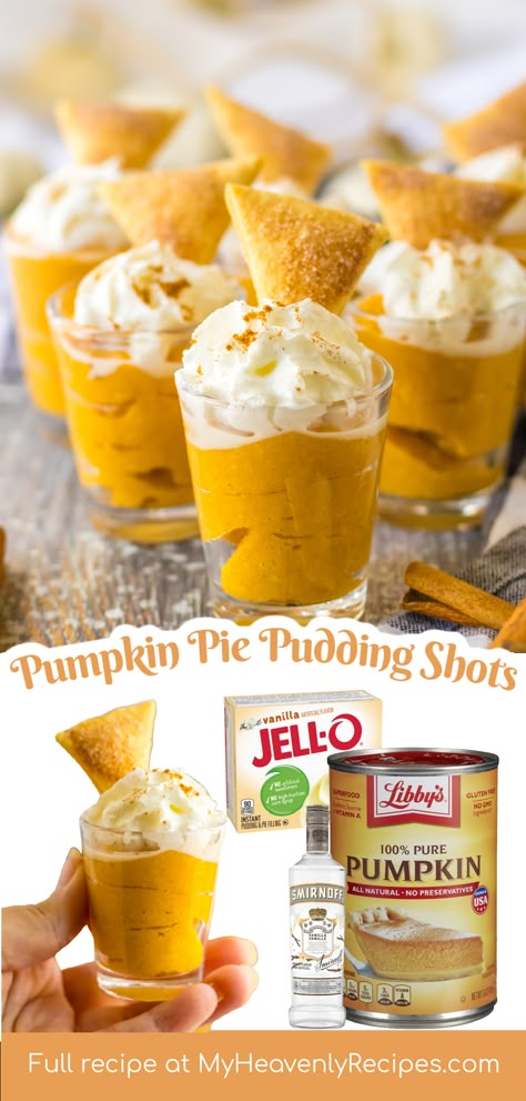 Pumpkin Pie Pudding Shots- fall pudding shots alcohol pumpkin puree. Vanilla vodka shots idea for thanksgiving. dessert pudding shot refrigerated dough pie crust Pumpkin Pie Pudding Shots, Pumpkin Pie Shots, Pumpkin Pie Pudding, Whipped Cream Pie, Pudding Shot Recipes, Shake Drink, Jello Pudding Shots, Boozy Treats, Sweet Appetizer