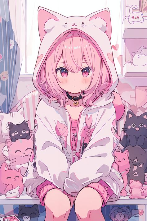 AI by LeIsT0 @Leisto0  #aigenerated #ai #girl #cat_ears #hoodie #cute #pink Girl In Hoodie Drawing, Anime Cat Female, Poppy Character, Pink Wolf, Anime Cat Ears, Cut Cat, Ear Art, Hoodie Cartoon, Artistic Aesthetic