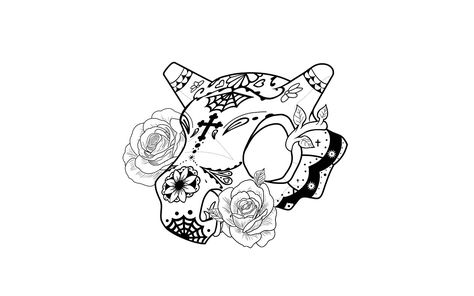 Cat And Skull Drawing, Feline Skull Tattoo, Cat Skull And Flowers Tattoo, Cat Skull With Mushrooms Tattoo, Skull Buterfluffy Tattoo, Tattoo Sketches, Sugar Skull, Enamel Pins, Tattoos