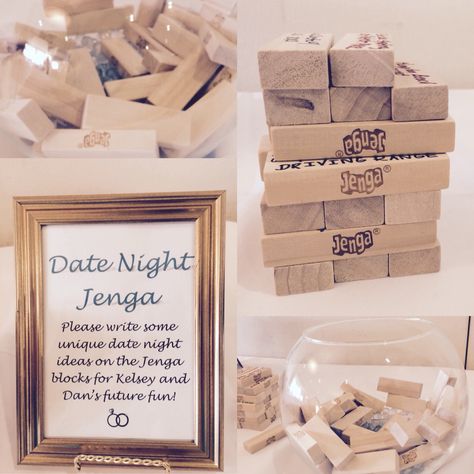 Bridal Shower Date Night Jenga! Have guests write date night ideas on a Jenga blocks for the bride and groom to play and use later! #bridalshower -krissynikole Game Night Bridal Shower Theme, Date Night Ideas For Bridal Shower Game, Jenga Bridal Shower Idea, Date Night Themed Bridal Shower Ideas, Jenga Date Night Ideas, Bridal Shower Date Ideas, Date Night Jenga, Date Jar Bridal Shower Ideas, Bridal Shower Guest Sign In Ideas