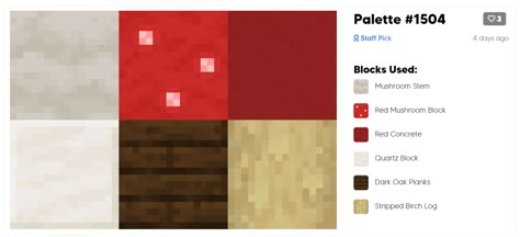 Minecraft Red Block Palette, Mushroom Palette, Minecraft Color Palette, Minecraft Palette, Minecraft Block Palette, Minecraft Pallets, Block Pallets, Cottagecore Forest, Cottagecore Minecraft