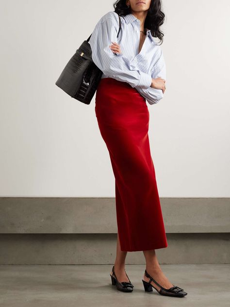 Net A Porter Outfits, Velvet Skirt Outfit, Fashion Samples, Blaze Milano, Holiday Fits, Red Midi Skirt, Velvet Midi Skirt, Sequin Midi Skirt, Work Chic