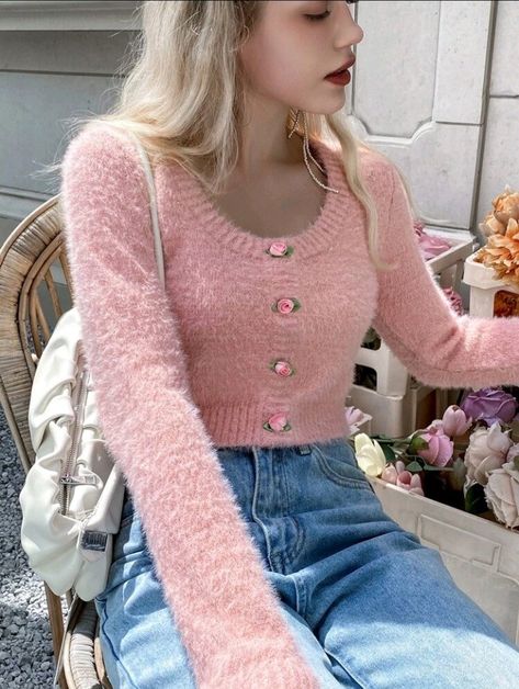 Modest Pink Outfits, Pink Girly Outfits, Pink Cropped Sweater, Pink Fuzzy Sweater, Shein Sweater, Ribbon Rosettes, Fuzzy Sweater, Pink Outfits, Just Girl Things