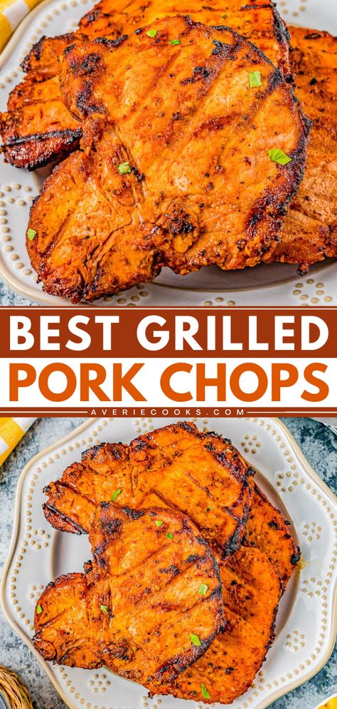 Want more summer grilling ideas? These marinated grilled pork chops are the BEST. Thanks to a homemade marinade, these easy pork chops on the grill are tender, juicy, and flavor-packed. Save this summer dinner recipe! Pork Chops On The Grill, Marinated Pork Chops Grilled, Best Grilled Pork Chops, Homemade Marinade, Bbq Foods, Marinated Pork Chops, Tender Pork Chops, Easy Grilling Recipes, Averie Cooks