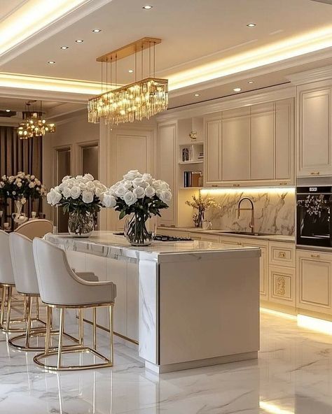 Dream Kitchen Ideas Modern, Penthouse Apartment Kitchen, Elegant Kitchens Luxury, Modern Kitchen Cabinets Ideas, Kitchen Island Luxury, Luxury Kitchens Mansions, Mansion Kitchen, Luxury Kitchen Island, Bunk Bed Rooms