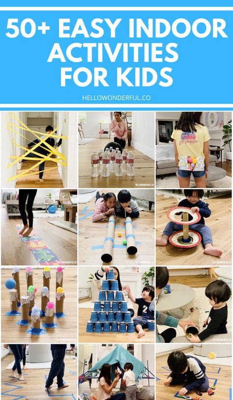 50 PLUS EASY INDOOR ACTIVITIES FOR KIDS. Cheap and easy to set up indoor activities many using common household items and recycled materials #hellowonderful Easy Indoor Activities, Quarantine Activities, Hello Wonderful, Sport Activities, Fun Indoor Activities, Physical Activities For Kids, Indoor Kids, Indoor Games For Kids, Slime For Kids