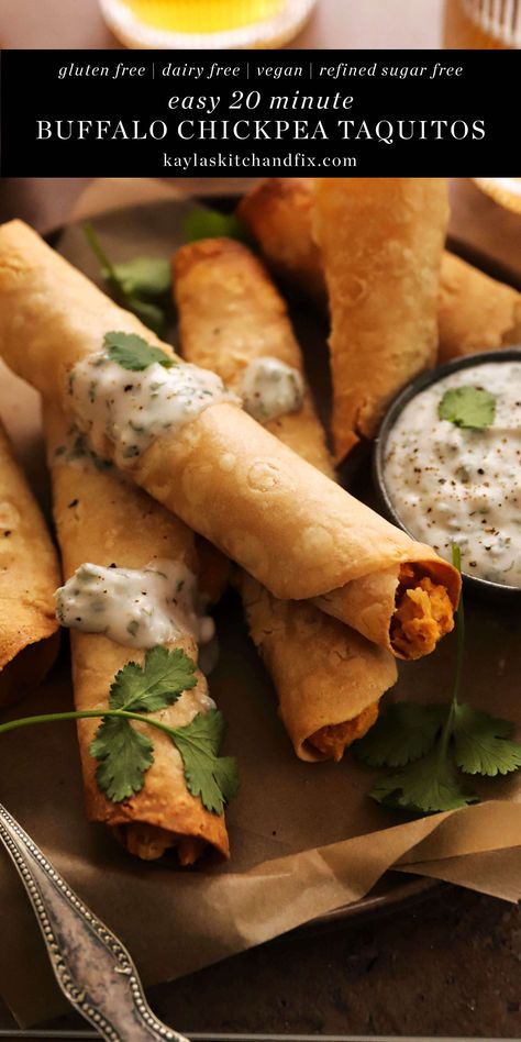 These 4 ingredient Vegan & Gluten Free Buffalo Chickpea Taquitos are delicious, healthy and take just 20 minutes to make from start to finish. Vegan Chickpea Taquitos, Buffalo Chickpea Taquitos, Vegan Buffalo Recipes, Chickpea Taquitos, Buffalo Chickpea, Buffalo Recipe, Refined Sugar Free Recipes, Gluten Free Tortillas, Favorite Recipes Dinner