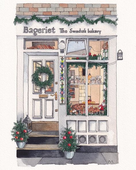 Pubs In London, Christmas Bakery, Bloxburg Decals Codes Wallpaper, Building Illustration, Watercolour Inspiration, Shop Illustration, Pen And Watercolor, Mural Wall Art, Watercolor Sketch