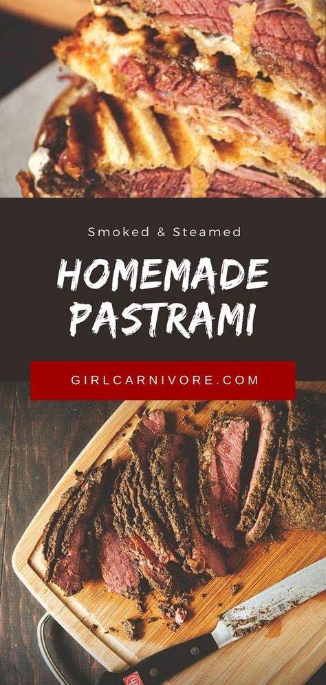 If you love mile-high pastrami sandwiches, then this homemade Smoked Pastrami will rock your world! We’ll show you our shortcuts to making the best and easiest smoked and steamed pastrami in your backyard, just like iconic New York delis! It’s a simple, straightforward recipe and technique that’ll save you time and money because making pastrami yourself is SO much cheaper! Save this now! Smoked Pastrami Recipe, Smoked Pastrami, How To Make Pastrami, Deli Meat Recipes, Homemade Pastrami, Pastrami Recipe, Smoked Corned Beef, Pastrami Sandwich, Iconic New York