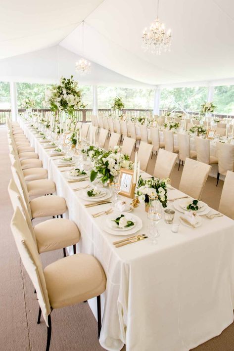 An Elegant Private Estate Wedding reception with a custom tent, all white floral centerpieces on long kings tables | Flora Nova Design Seattle Kings Table Wedding, Long Table Decorations, Summer Wedding Flowers Centerpieces, Tent Ideas, Tent Wedding Reception, Long Table Wedding, Kings Table, Backyard Weddings, Tall Wedding Centerpieces