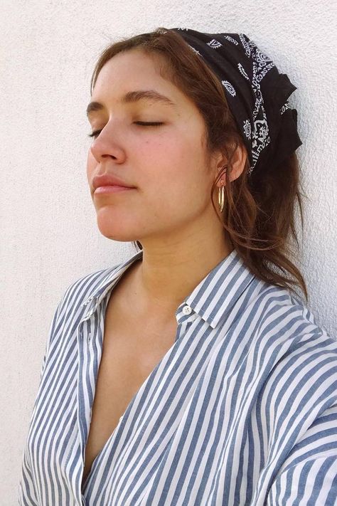 The Chicest Way to Tie a Scarf on Your Head | Who What Wear Bandana On Head, How To Wear Bandana, How To Tie Bandana, Bun Maker Hairstyles, Head Bandana, Tie A Scarf, Wear A Scarf, Head Scarf Styles, How To Wear A Scarf