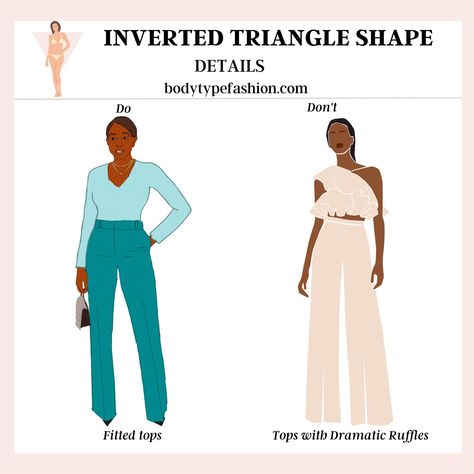 Fashion mistakes to avoid for inverted triangle shape Balanced Body Proportions Outfits, Broad Shoulder Women Outfits, Petite Tips, Dresses For Broad Shoulders, Inverted Triangle Body Shape Fashion, Inverted Triangle Body Shape Outfits, Body Type Clothes, Triangle Body Shape Fashion, Triangle Body Shape Outfits