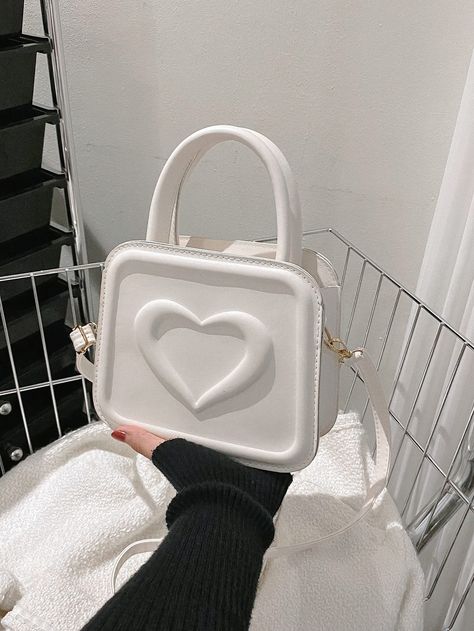 White Preppy Collar  PU Leather Heart Square Bag Embellished   Women Bags Heart Square, Leather Heart, Shirt Bag, Street Trends, Mini Heart, Reusable Bags, Square Bag, Heart Patterns, White Bag