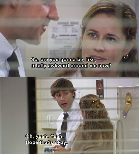 Hahaha!! This was the episode after the Booze Cruise episode where Jim told Michael about his feeling for Pam. Michael accidentally blurted the secret (which happens to be the episodes name, "The Secret", Season 2) and everyone was talking about it. This was Pam talking to Jim about it. .... I am such a nerd. ;D Pam And Jim, The Office Memes, Office Jokes, Jim Pam, Jim And Pam, Bears Beets Battlestar Galactica, The Office Us, The Office Show, Jim Halpert