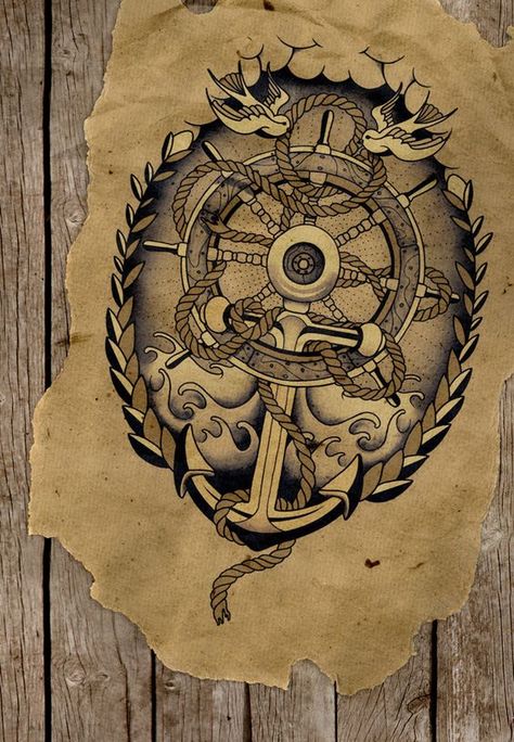 Wheel Tattoo Design, Nautical Tattoo Design, Ship Wheel Tattoo, Navy Tattoos, Wheel Tattoo, Sailor Tattoos, Sea Tattoo, Anchor Tattoos, Nautical Tattoo