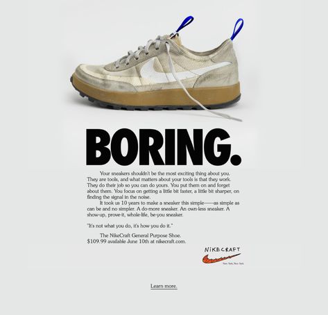 NikeCraft - One Page Website Award Sneakers Poster Design, General Purpose Shoe, Sneakers Poster, Copywriting Ads, Poster Design Ideas, Nike Poster, Tom Sachs, Shoe Advertising, Nike Ad