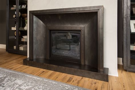 Cove | Custom Metal Fireplace Surround | Raw Urth Designs, Colorado Metal Fireplace Surround, Whitewash Fireplace, Rustic Fireplace Mantle, Surround Fireplace, Steel Patina, Simple Fireplace, Slate Fireplace, Fireplace Seating, Fake Fireplace