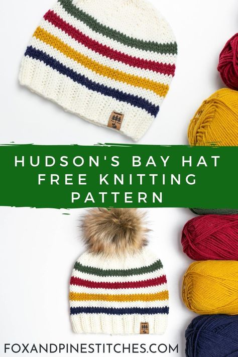 Hudson Bay Inspired Striped Hat Free Knitting Pattern in sizes baby, toddler, children, Women and Men using medium weight worsted yarn. Knit Hats For Children, Toddler Knit Hats, Knitted Hat Patterns Free Kids, Striped Knit Hat Pattern Free, Knitted Toddler Hats, Striped Hat Knitting Pattern, Kids Beanie Knitting Pattern Free, Child Knit Hat Pattern, Knit Toddler Hat Pattern Free