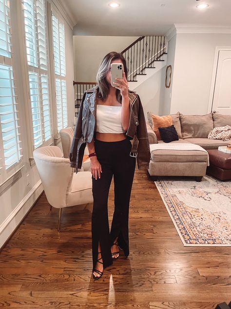 brown leather jacket, brown, leather jacket, moto jacket, split hem pants, split hem leggings, crop top, strappy heels, black heels, outfit inspo, style inspo, fashion inspiration, city style, city fashion, streetwear, street fashion, street style, neutral outfit, mocha brown, houston, women's clothing, lulus, boutique fashion women's boutique, women's fashion, ootd, outfit goals Split Hem Pants Outfit, Minding My Business, Split Hem Pants, Hem Pants, Black Strappy Heels, How To Hem Pants, Play Dress, Brown Leather Jacket, Style Tips