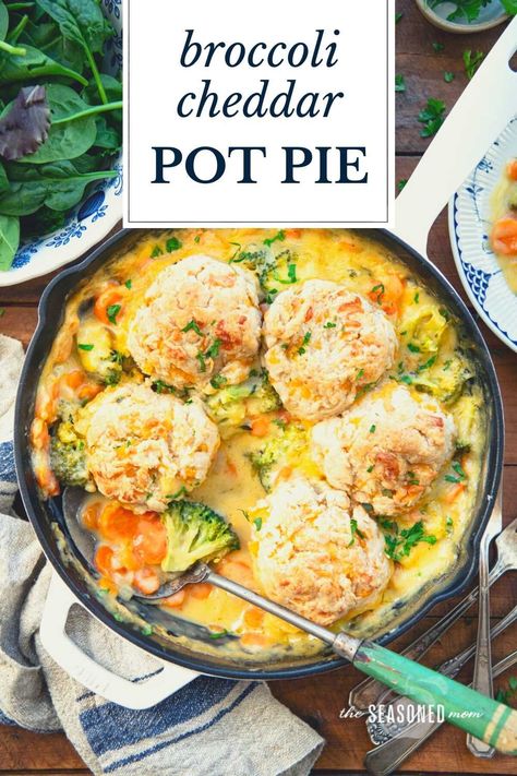 This veggie pot pie is cozy, meatless, comfort food! Fluffy Bisquick cheddar garlic drop biscuits sit on top of a cheesy broccoli filling, making the cobbler a simple, hearty, and satisfying vegetarian supper. Vegetarian Bisquick Recipes, Veggie Pot Pie With Biscuits, Broccoli Cheddar Pot Pie, Stuffing Pot Pie, Garlic Drop Biscuits, Vegetable Pot Pie Recipe, Veggie Pot Pie Recipe, Vegetarian Supper, Biscuit Pot Pie