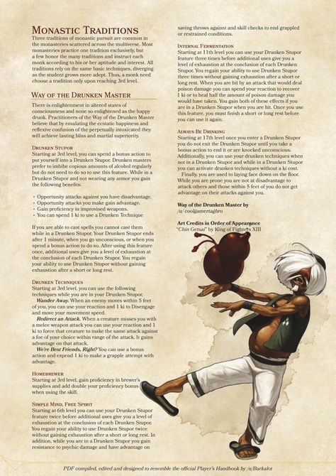 DnD 5e Homebrew Dnd Monk Drunken Master, Dnd Drunken Master, Drunken Master Monk, D D Homebrew Classes, Dungeons And Dragons Diy, Dnd Monk, Monk Dnd, D D 5e Homebrew, Homebrew Classes