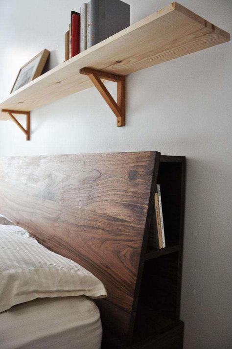 Bed Head Storage Ideas, Slanted Headboard Bed, Diy Slanted Headboard, Bed Head Storage, Bedframe Ideas Head Boards, Head Boards For Beds, Diy Bed Head, Diy Headboard Wood, Wooden Bed Head