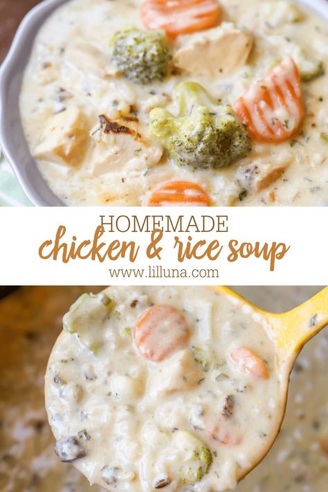 Creamy homemade Chicken and Rice Soup is hearty & flavorful. Best of all, it's on the table in just 30 minutes! #chickenandricesoup #chickensoup #ricesoup #chickenandrice #soup Best Chicken And Rice Soup, Chicken And Rice Soup Recipes, Food Recipes Thanksgiving, Chicken With Rice Soup, Broccoli Cream Cheese, Healthy Delicious Soups, Yummiest Food, Creamy Chicken Stew, Creamy Chicken And Rice