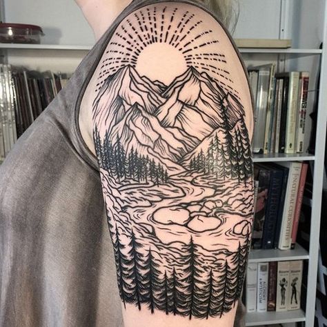 This is far from the realistic tattoos that are so popular now but it also has its charms even in its cartoon-y style. Natur Tattoo Arm, Berg Tattoo, Badass Girl, Quarter Sleeve Tattoos, Nature Tattoo Sleeve, Mountains And Trees, Landscape Tattoo, Back Of Shoulder Tattoo, Tattoos Geometric