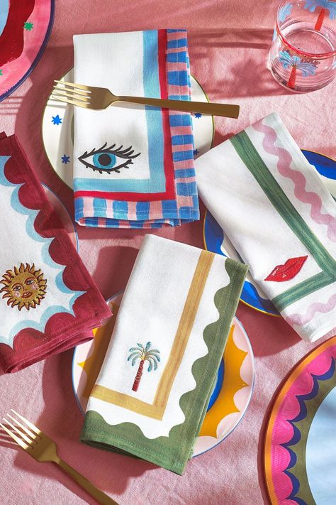 Introducing our Eleanor Bowmer Set of Four Icon Napkins that are as playful as they are practical. Each featuring its own quirky hand-illustrated icons like lips, palm trees, eyes, and sunshines, these napkins add a splash of colour and fun to any table setting. Made with 100% cotton, they are both soft and durable, designed to last for years to come. Pair them with the coordinating items from the Electric Range for a tablescape that is pure sunshine. Wash on low temperature. Machine washable. 100% Cotton. Illustrated Icons, Eleanor Bowmer, Glassware Kitchen, Electric Range, French House, Linen Placemats, Cotton Napkins, Hand Illustration, Napkins Set