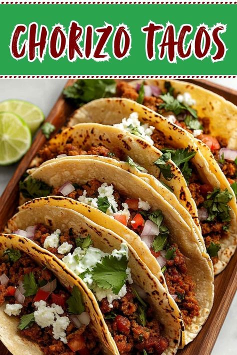 Spice up your life with these incredible chorizo tacos! They're juicy, flavorful, and topped with zesty lime crema, diced jalapeños, and more. Chorizo Street Tacos Recipe, Pork Chorizo Tacos, Chorizo Street Tacos, Mexican Chorizo Recipes Dinners, Recipes With Chorizo, Chorizo Potato Tacos, Chorizo Recipes Dinner, Ground Pork Tacos, Street Taco Recipe