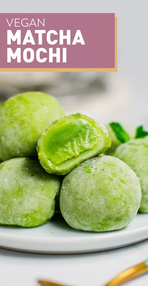 These mochi are filled with the creamiest matcha white chocolate ganache! Chewy, packed with matcha flavor, and so addicting! Vegan + Gluten-free! #vegan #mochi #matcha #plantbased Matcha Mochi Recipe, Vegan Mochi, Matcha Recipe Baking, Mochi Recipes, Matcha Dessert Recipes, Green Tea Mochi, Matcha Mousse, Matcha Mochi, Matcha Green Tea Recipes