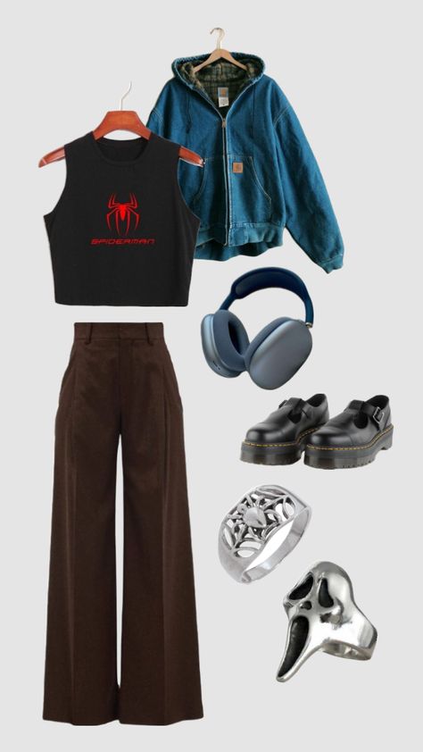 #outfitinspo #outfit #outfitideas #spiderman #spidermanoutfitinspo Genderfluid Outfits, Spiderman Outfit, Swaggy Outfits, Really Cute Outfits, Dream Clothes, College Outfits, Retro Outfits, Creative Fashion, Grunge Outfits