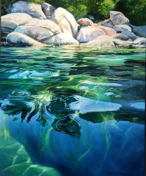 Michelle Courier, Sand Harbor Lake Tahoe, Water Paintings, Ocean Waves Painting, Landscape Painting Tutorial, Hyper Realistic Paintings, River Painting, About Water, Water Reflections