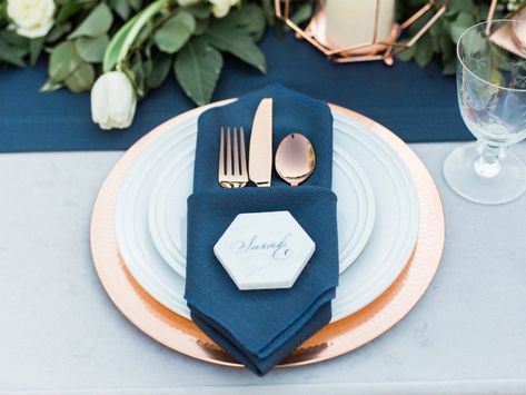 Navy, Copper, & Marble Modern Wedding Ideas via TheELD.com Blue And Copper Table Setting, Navy Wedding Napkins, Navy Sage And Copper Wedding, Navy Napkins Wedding, Navy Blue And Terracotta Wedding Centerpieces, Copper And Navy Wedding, Copper Navy Wedding, Navy And Copper Wedding, Wedding Dinner Table Setting