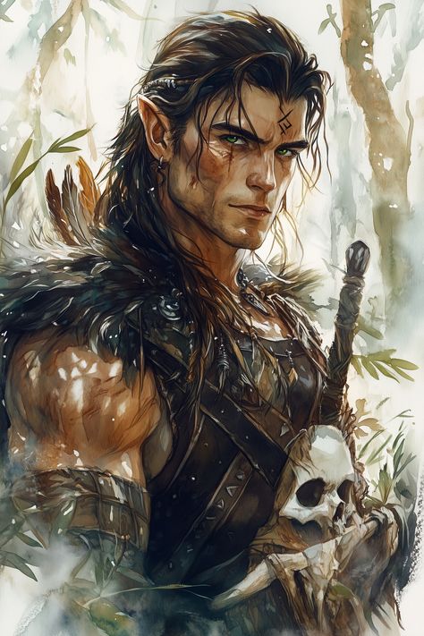 Dralthir Sil'viros has a tall, lean build, typical of his elven race, with a tan complexion marked by scars. His hair, a deep mahogany, is worn long and wild, cascading down his back interspersed with strands of grass and small feathers. His eyes are a vivid shade of moss green, sharply accented by angular brows. He dons a breastplate made of blackened leather, reinforced with metal studs, and car... Lord Of The Rings Character Design, Dnd Gnome Male, Elf Barbarian, Character Showcase, Barbarian Dnd, Warlock Dnd, Dnd Elves, Male Elf, Blood Hunter