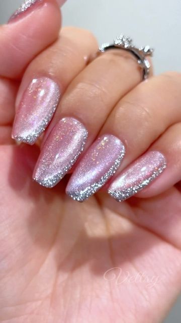 Cats Eye Nails With Glitter, Pink Cat Eye Valentine Nails, Pink Cat Eye Nails Design, Light Pink Cat Eye Nails, Kiss Cat, Pink Cat Eye, Cute Nail Colors, Tag Friends, Cat Eye Gel