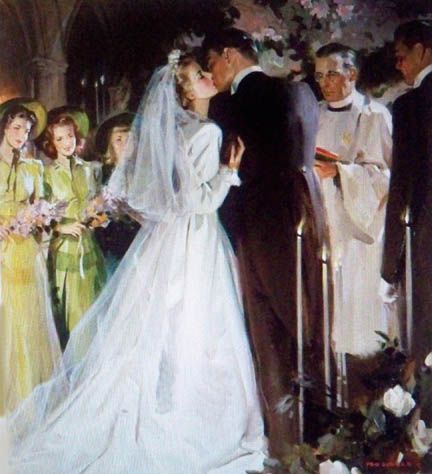 WeddingKiss Marriage Blessings, Romance Arte, Tom Lovell, Vintage Illustration Art, Romantic Paintings, Wedding Painting, American Illustration, Wedding Scene, Wedding Illustration