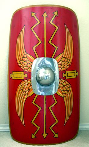 ancient roman shield                                                                                                                                                     More Roman Soldier Shield, Roman Shield Diy, Helmet Packaging, Romans Ks2, Pictish Warrior, Roman Shield, Roman Gladiators, Roman Armor, Lightning Bolt Design