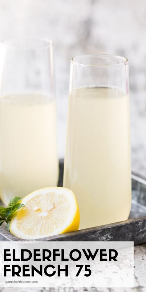 French 75 Recipe, Elderflower Recipes, French 75 Cocktail Recipes, Elderflower Cocktail, Batch Cocktail Recipe, French 75 Cocktail, Prosecco Cocktails, French 75, Winter Cocktails