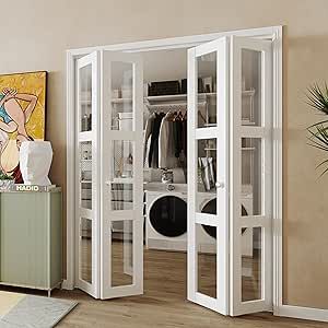 BARNER HOME Double Bi-Fold Doors, for 60in.（30in.x2） x 80in. Opening, 3-lite Clear Glass Closet Doors, Folding Doors with Hardware Kits, MDF, White Multifold Interior Doors Bi Fold French Doors, Folding French Doors Interior, Interior Office Doors, French Doors Closet, Corner Bifold Doors, Bi Fold Doors Internal, Folding French Doors, Folding Closet Doors, Glass Bifold Doors