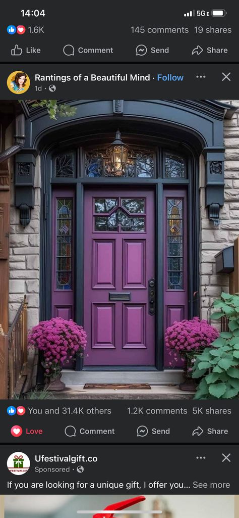 Blue And Purple House Exterior, Psychic Business, The Holiday House, Victorian Porch, I Won The Lottery, Purple Door, Won The Lottery, Porch Doors, Red Brick House