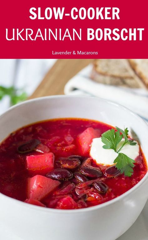 Looking for healthy slow cooker soup recipes? Try this classic Borscht - Ukrainian red beet soup full of veggies and flavor. Best fall recipe for healthy weeknight meal or homemade lunch. #lavenderandmacarons #borscht #ukrainianrecipes #russianrecipes Slow Cooker Soup Recipes Healthy, Bisque Soup Recipes, Borscht Recipe, Borscht Soup, Crockpot Soup, Fall Fun Food, Beet Soup, Vegetarian Soup Recipes, Homemade Lunch