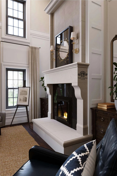 Explore the French Country fireplace surround by Tartaruga Design! This elegant mantel embodies the beauty of French country simplicity.🏡💫  Visit our website to view more and get inspired!

#tartarugadesign #caststonemantel #interiordesign #architecturaldesign #caststone #fireplacesurround Fireplace With Hearth, Tuscan Fireplace, French Country Fireplace, Tv Stand Decor Living Room, Elegant Mantel, Country Fireplace, Fireplace Shelves, Modern French Country, Dining Room Fireplace