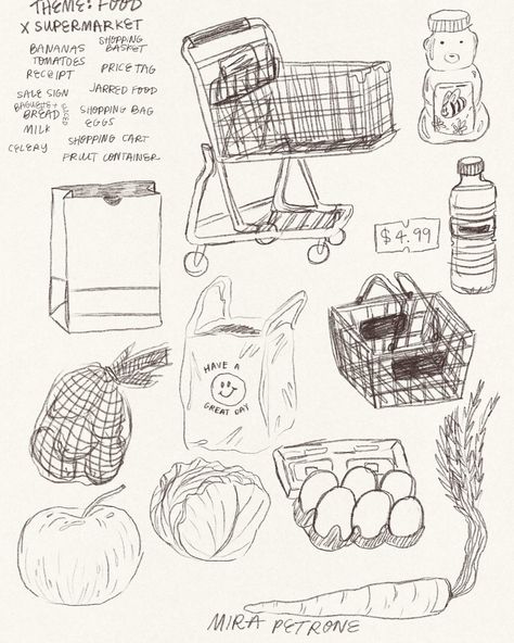 i've been feeling so burnt out from social media lately, but i have been practicing some drawing, working on my style, and particularly, taking a skillshare class with @mrtomfroese . here are some sketches from a project 🍎🍇🛒 Grocery Shopping Drawing Reference, Beanbag Drawing, Grocery Shopping Drawing, Grocery Bag Drawing, Working Out Drawing, Grocery Drawing, Grocery Doodles, Grocery Store Perspective Drawing, Journaling Sketches